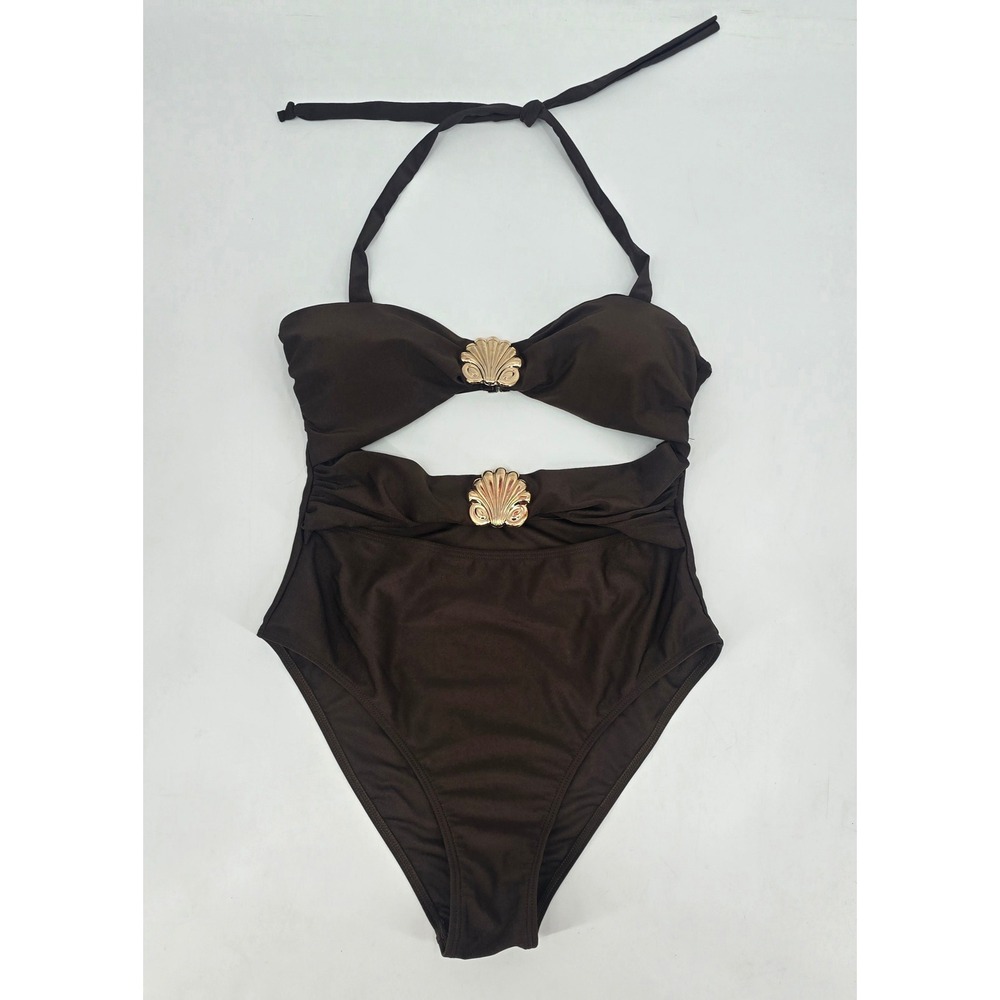 Unbranded Brown Gold Seashell Cutout One Piece Swimsuit Medium Y2K Glam